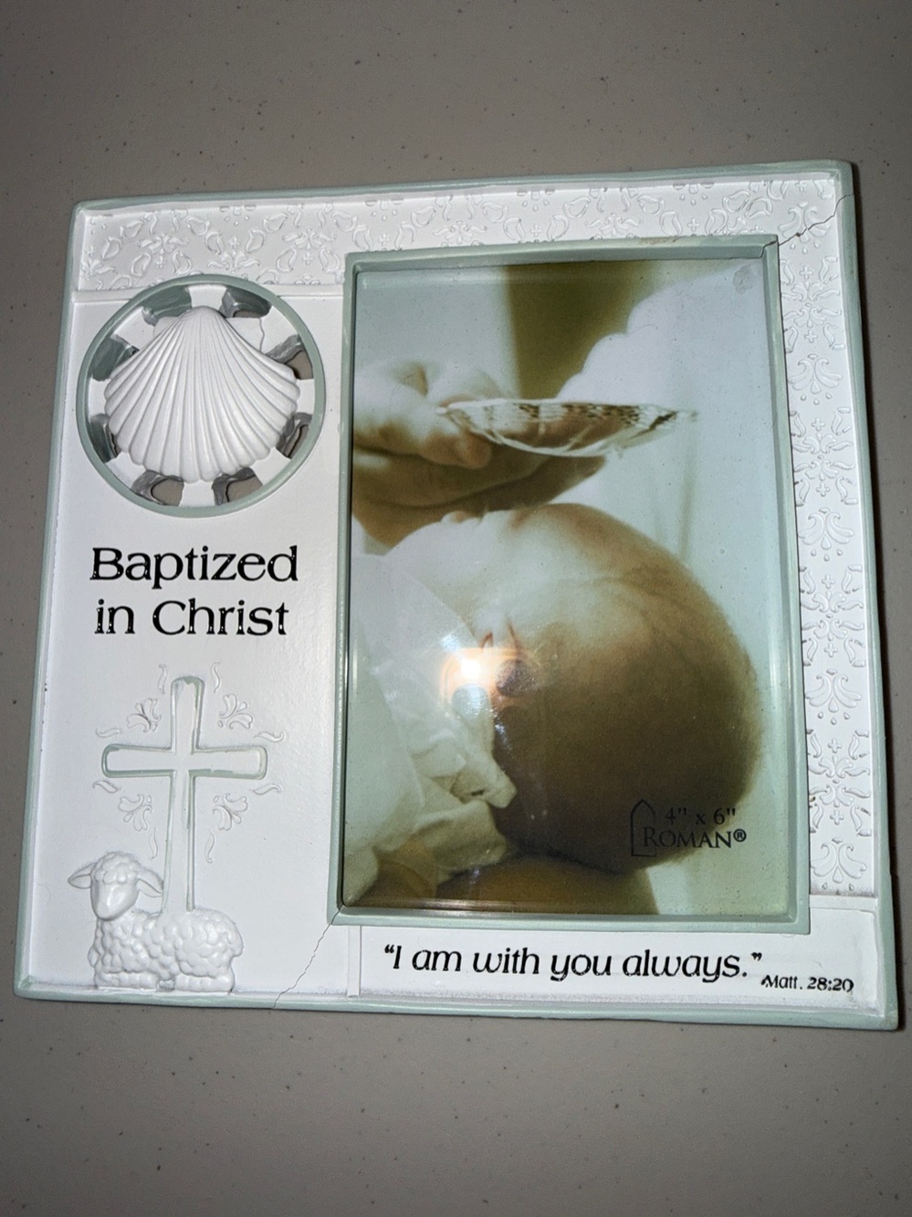Baby Baptism 4x6 photo frame featuring a seashell cross and lamb Matt 28:20 7.2”